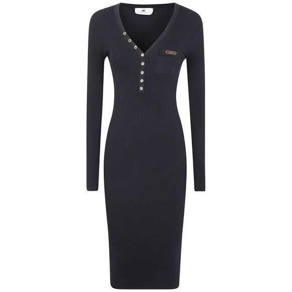 ELISABETTA FRANCHI Ribbed Knit Midi Dress with Gold Hardware Women BLACK  Dresses